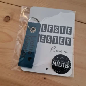 Kaart Liefste Meester Ever + Vilten sleutelhanger Groen/Blauw Liefste Meester