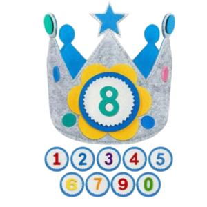 Vilten Verjaardagskroon met Verwisselbare Nummers 0-9 in Grijs/Blauw