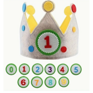 Vilten Verjaardagskroon met Verwisselbare Nummers 0-9 in Grijs/Geel
