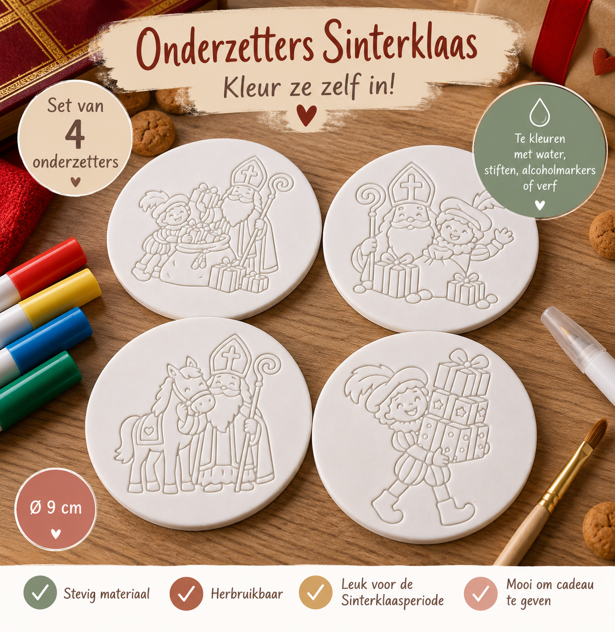 Sinterklaas Onderzetters – Set van 4 om Zelf in te Kleuren - Afbeelding 2